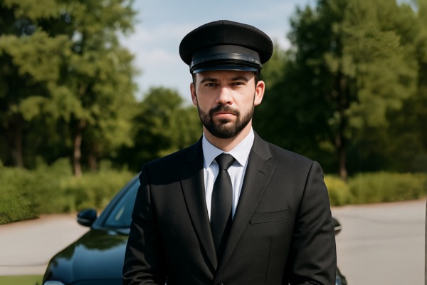 Marco, a chauffeur from Comfort Transfers, sitting in the chauffeur's seat,smiling.