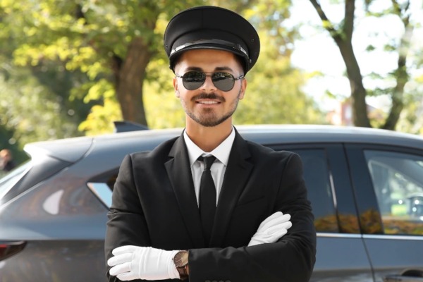 Peter, a focused Comfort Transfers chauffeur, wearing a cap and brown vest, driving a vehicle through an urban area.