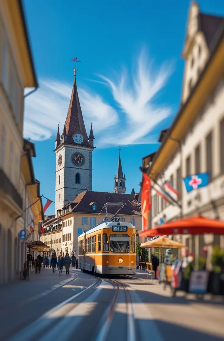 Medieval street in Bern with iconic clock tower and tram - Comfort Transfers.